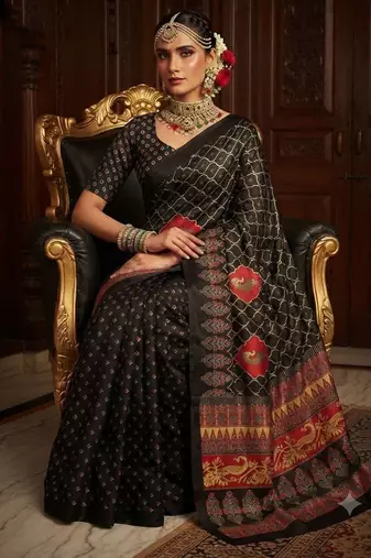 black color crepe  saree with smart digital print