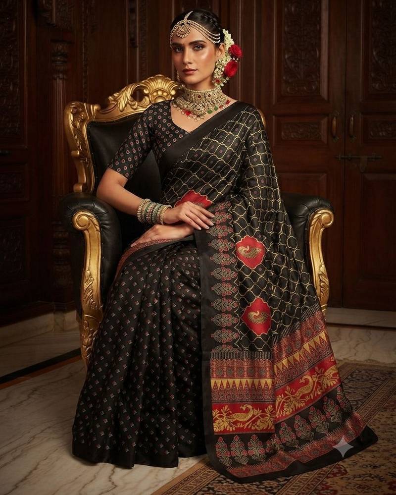 black color crepe  saree with smart digital print