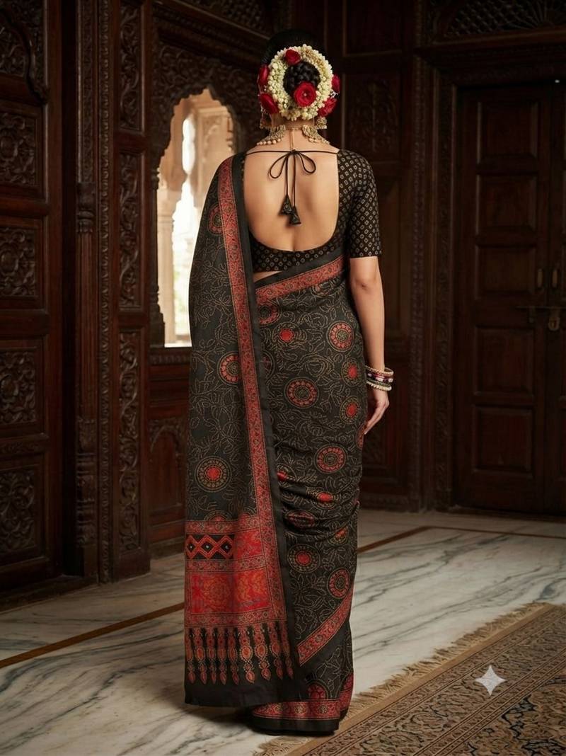 black color crepe  saree with smart digital print