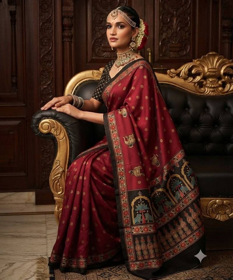 wine color crepe  saree with smart digital print