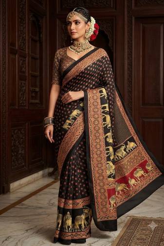 black color crepe  saree with smart digital print