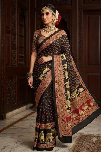 black color crepe  saree with smart digital print