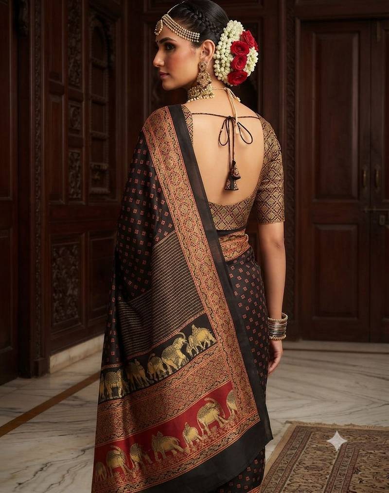 black color crepe  saree with smart digital print
