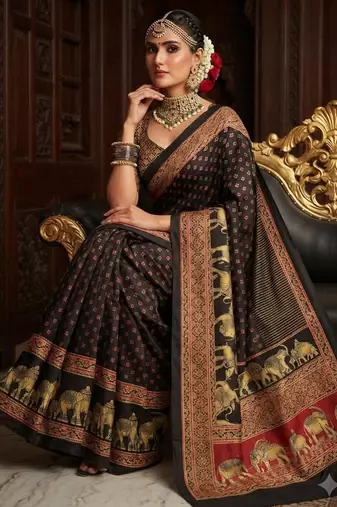 black color crepe  saree with smart digital print