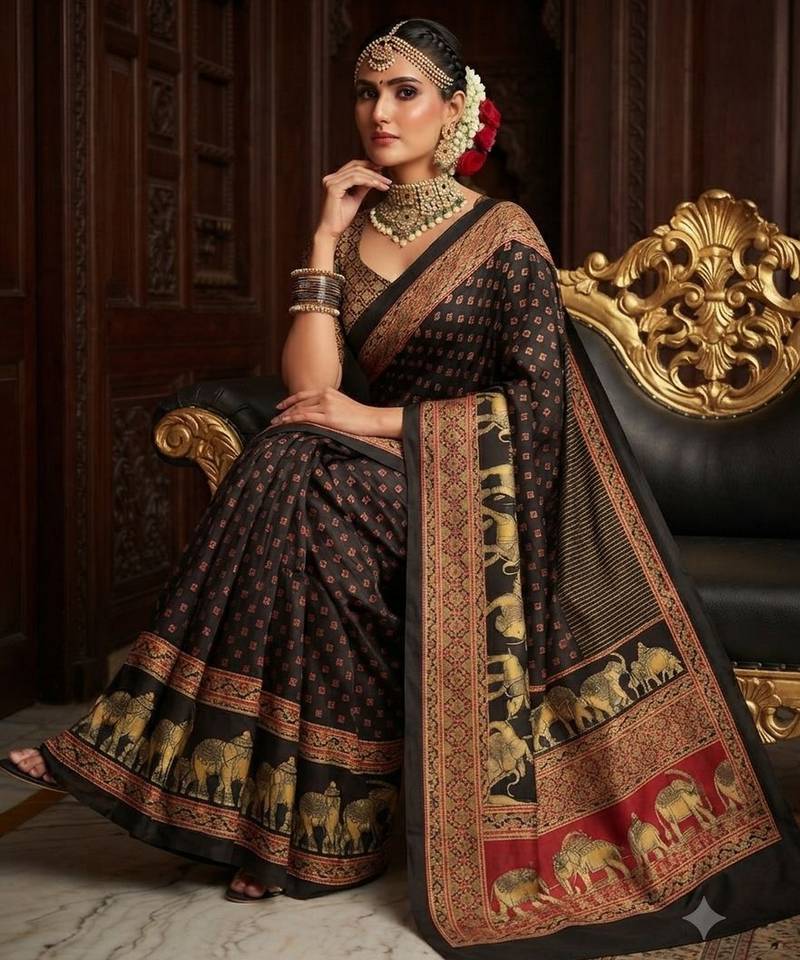 black color crepe  saree with smart digital print