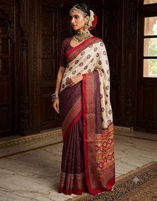cream color crepe  saree with smart digital print 1
