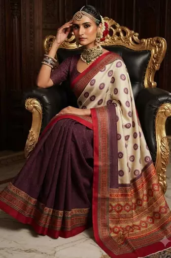 cream color crepe  saree with smart digital print