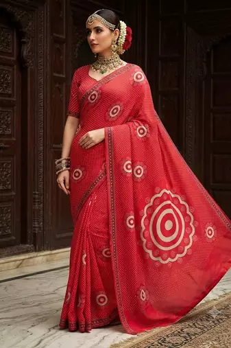 red color crepe  saree with smart digital print