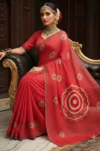 red color crepe  saree with smart digital print