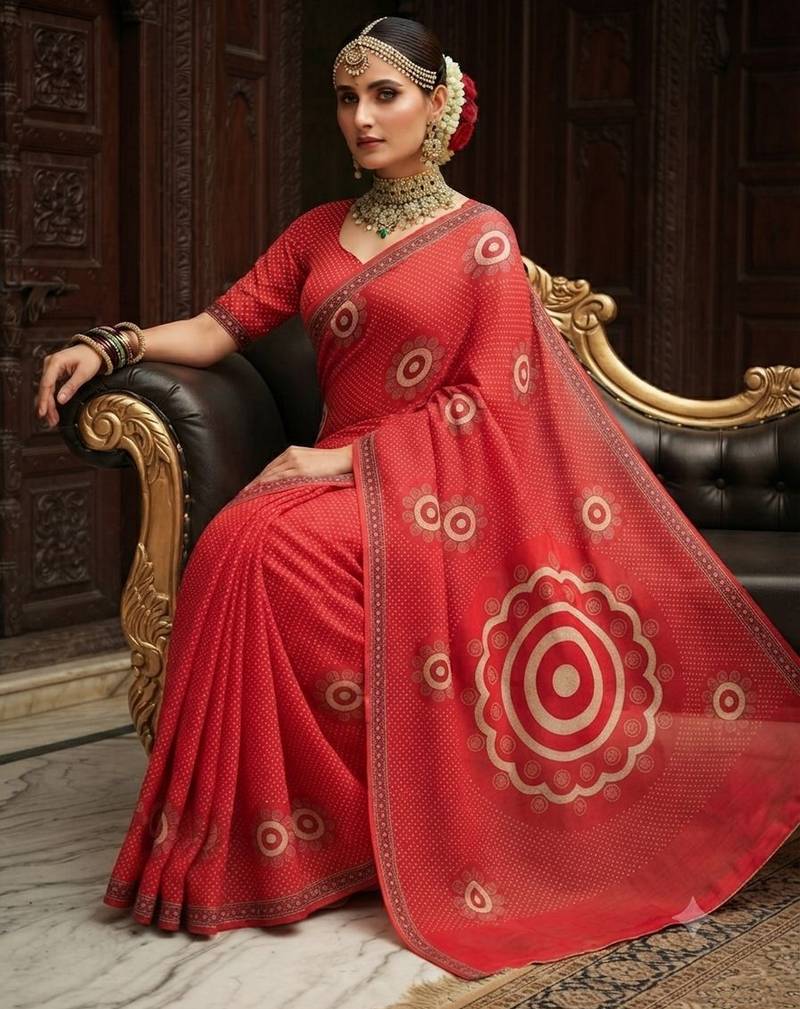 red color crepe  saree with smart digital print