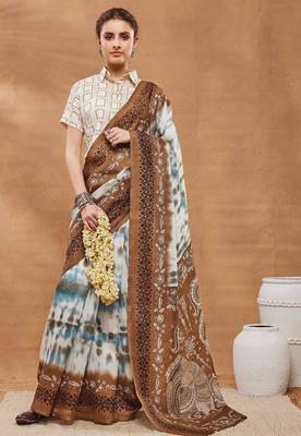 brown color silk blend designer ready to wear saree 1