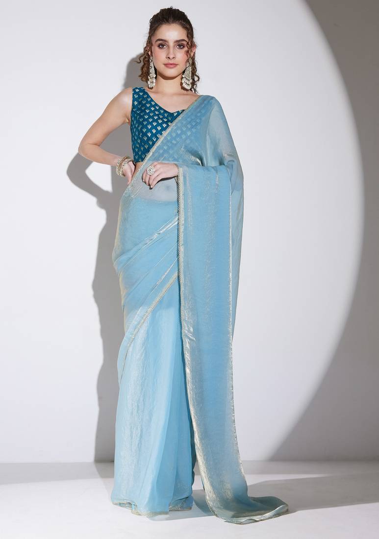 blue color tissue designer ready to wear saree