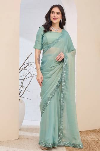 green color silk blend designer ready to wear saree