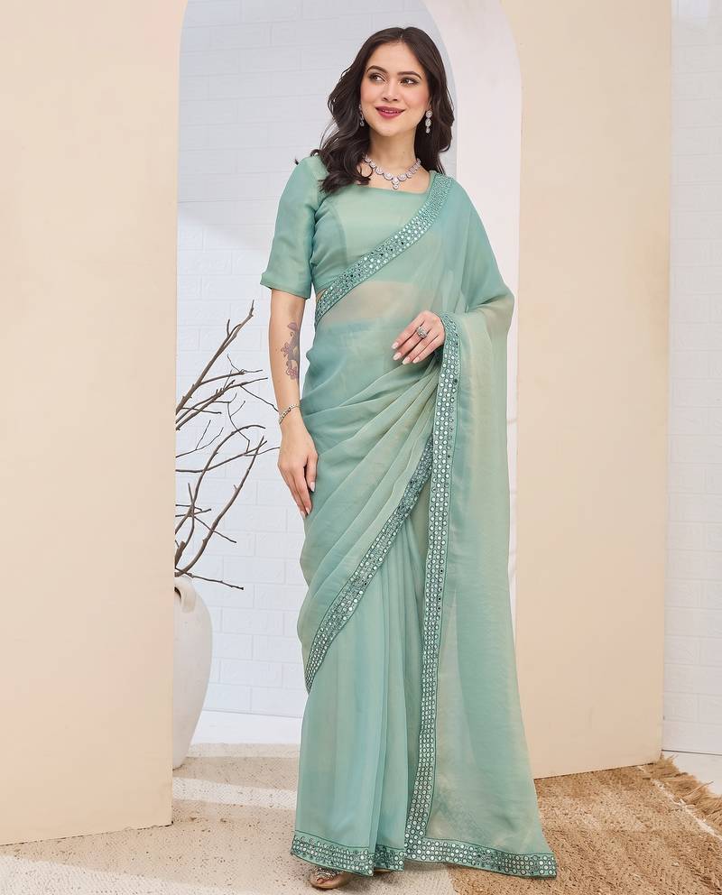 green color silk blend designer ready to wear saree