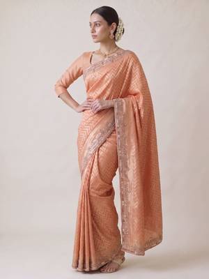 peach color smart and designer banarasi silk blend heavy wedding saree 1