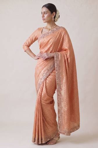 peach color smart and designer banarasi silk blend heavy wedding saree
