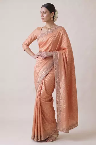 peach color smart and designer banarasi silk blend heavy wedding saree
