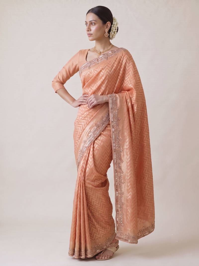 peach color smart and designer banarasi silk blend heavy wedding saree