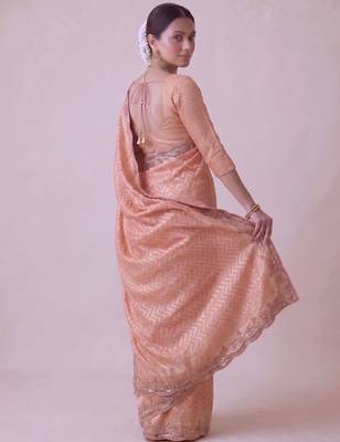 peach color smart and designer banarasi silk blend heavy wedding saree 2