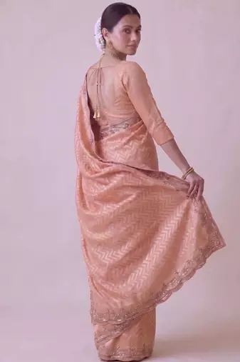 peach color smart and designer banarasi silk blend heavy wedding saree