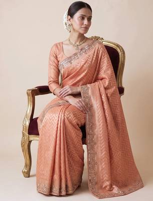 peach color smart and designer banarasi silk blend heavy wedding saree 3