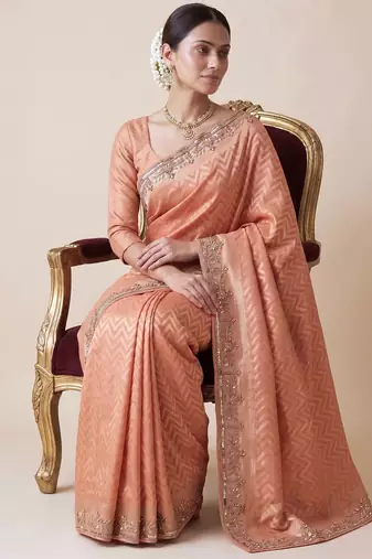 peach color smart and designer banarasi silk blend heavy wedding saree