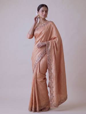 peach color smart and designer banarasi silk blend heavy wedding saree 4