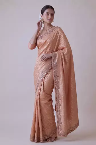 peach color smart and designer banarasi silk blend heavy wedding saree