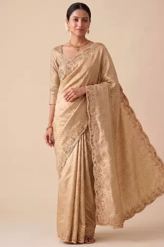 beige color smart and designer banarasi silk blend heavy wedding saree