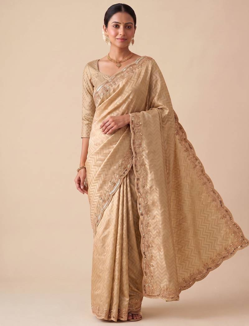 beige color smart and designer banarasi silk blend heavy wedding saree