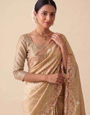 beige color smart and designer banarasi silk blend heavy wedding saree 3