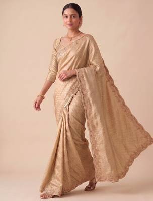 beige color smart and designer banarasi silk blend heavy wedding saree 4