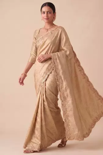 beige color smart and designer banarasi silk blend heavy wedding saree
