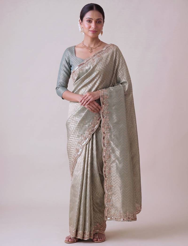 grey color smart and designer banarasi silk blend heavy wedding saree
