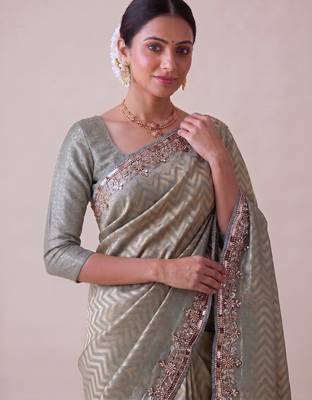 grey color smart and designer banarasi silk blend heavy wedding saree 3