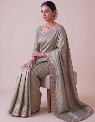 grey color smart and designer banarasi silk blend heavy wedding saree 4