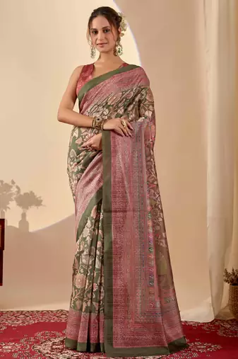 green colour beautiful jute silk blend ready to wear ethnic girlie saree