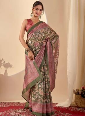 green colour beautiful jute silk blend ready to wear ethnic girlie saree 4
