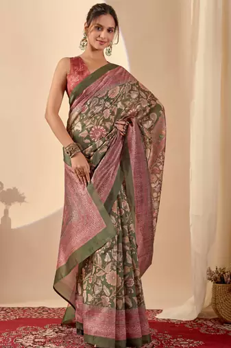 green colour beautiful jute silk blend ready to wear ethnic girlie saree