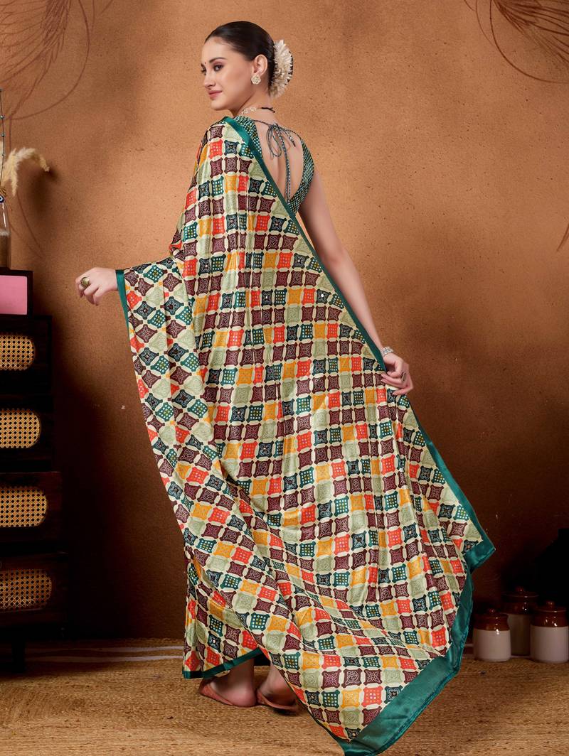 Multi colour beautiful satin ready to wear ethnic girlie saree