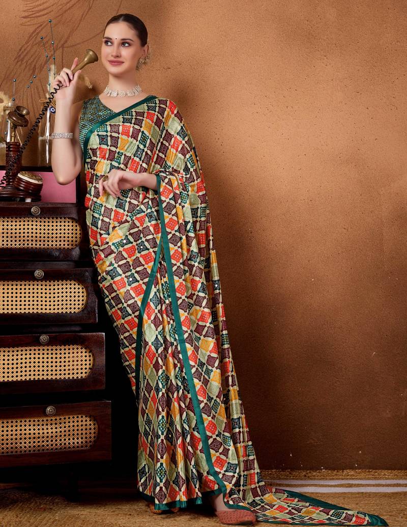 Multi colour beautiful satin ready to wear ethnic girlie saree