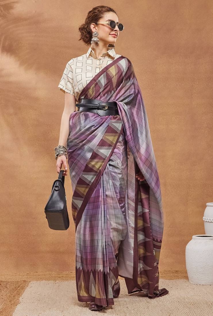 Purple colour beautiful satin ready to wear ethnic girlie saree