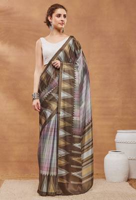 Brown colour beautiful satin ready to wear ethnic girlie saree 1