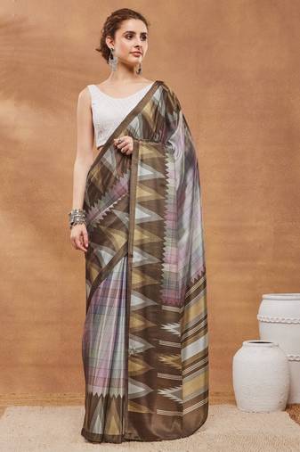 Brown colour beautiful satin ready to wear ethnic girlie saree