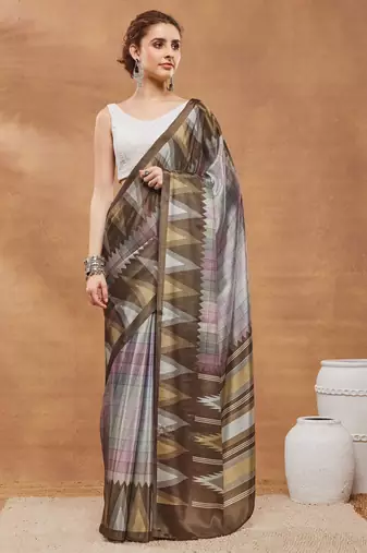 Brown colour beautiful satin ready to wear ethnic girlie saree