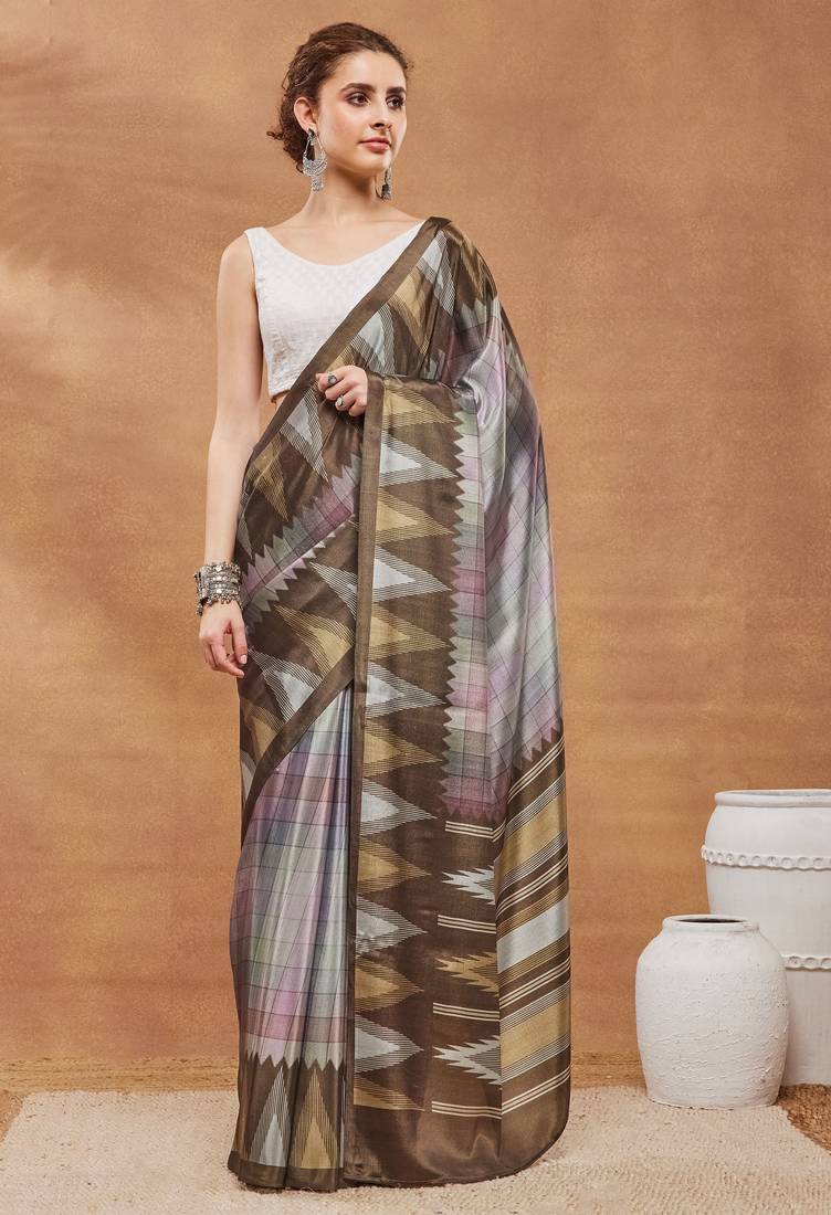 Brown colour beautiful satin ready to wear ethnic girlie saree