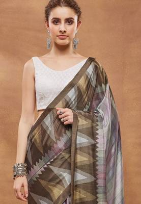 Brown colour beautiful satin ready to wear ethnic girlie saree 3