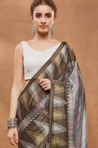 Brown colour beautiful satin ready to wear ethnic girlie saree