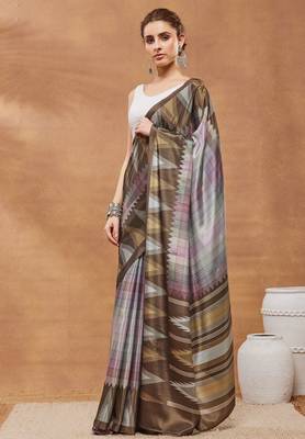 Brown colour beautiful satin ready to wear ethnic girlie saree 4