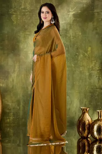gold colour beautiful silk blend ready to wear ethnic girlie saree